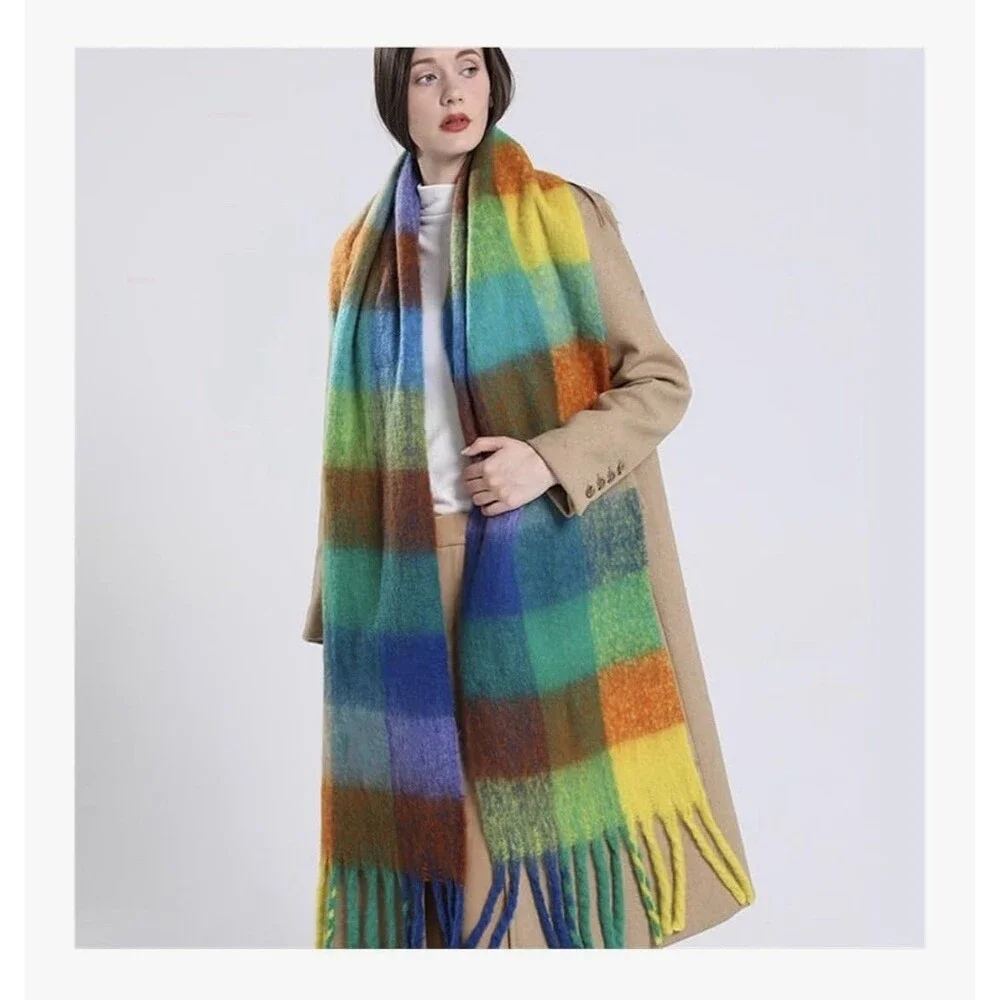 Winter Thick Warm Scarf Women Cashmere Shawl Wraps Pashmina Neckerchief rainbow